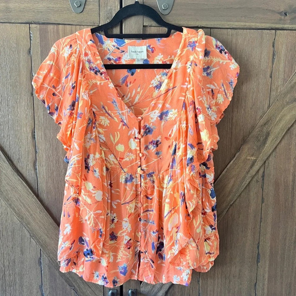 Haute Hippie Orange/Yellow Blue Modal Floral V Neck 1/4 Button Top Size Large - Picture 2 of 4